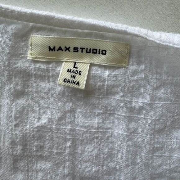 Max Studio White V-Neck Tie-Front Top Blouse L Cotton Ruffle Sleeves Boho Y2K - Picture 7 of 7
